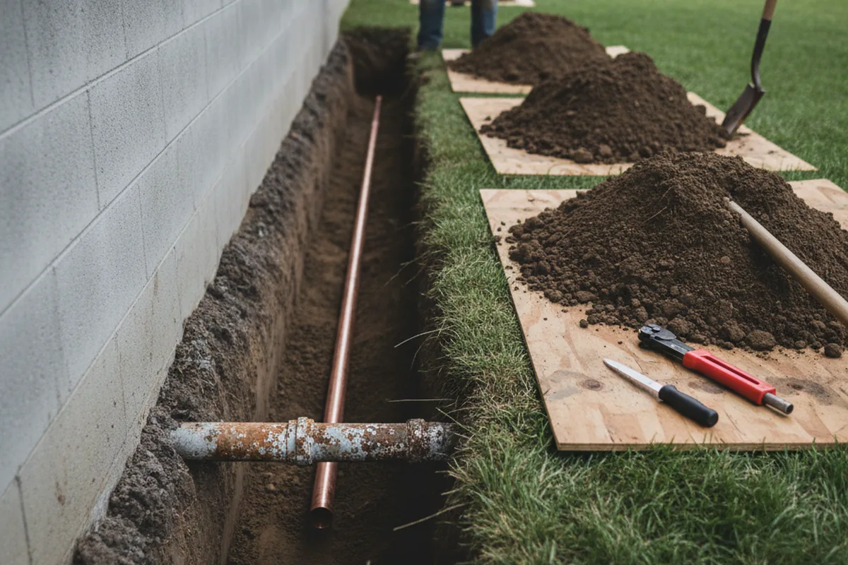 Excavated water line trench during Water Heater Repair in Alpaugh